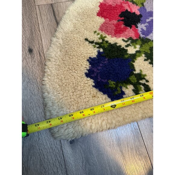 Vintage Floral Wool Half-Moon Rug With Bold Red Purple Anemone Design 28"x18" - Picture 3 of 4